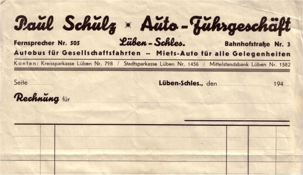 Rechnungsblatt aus den 1940er Jahren